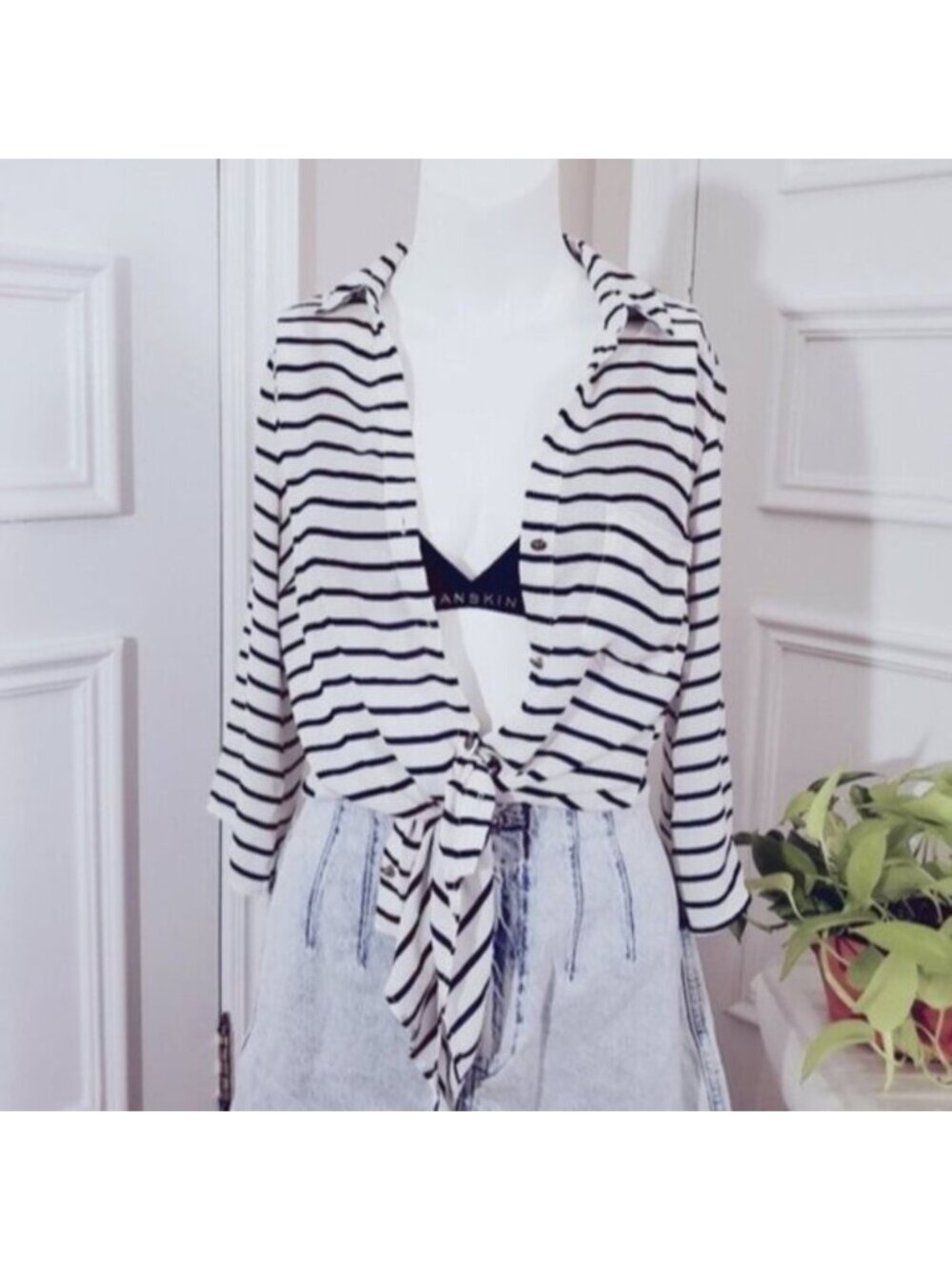Nautical Tie Waist Button Down Striped Blouse by Dynamite